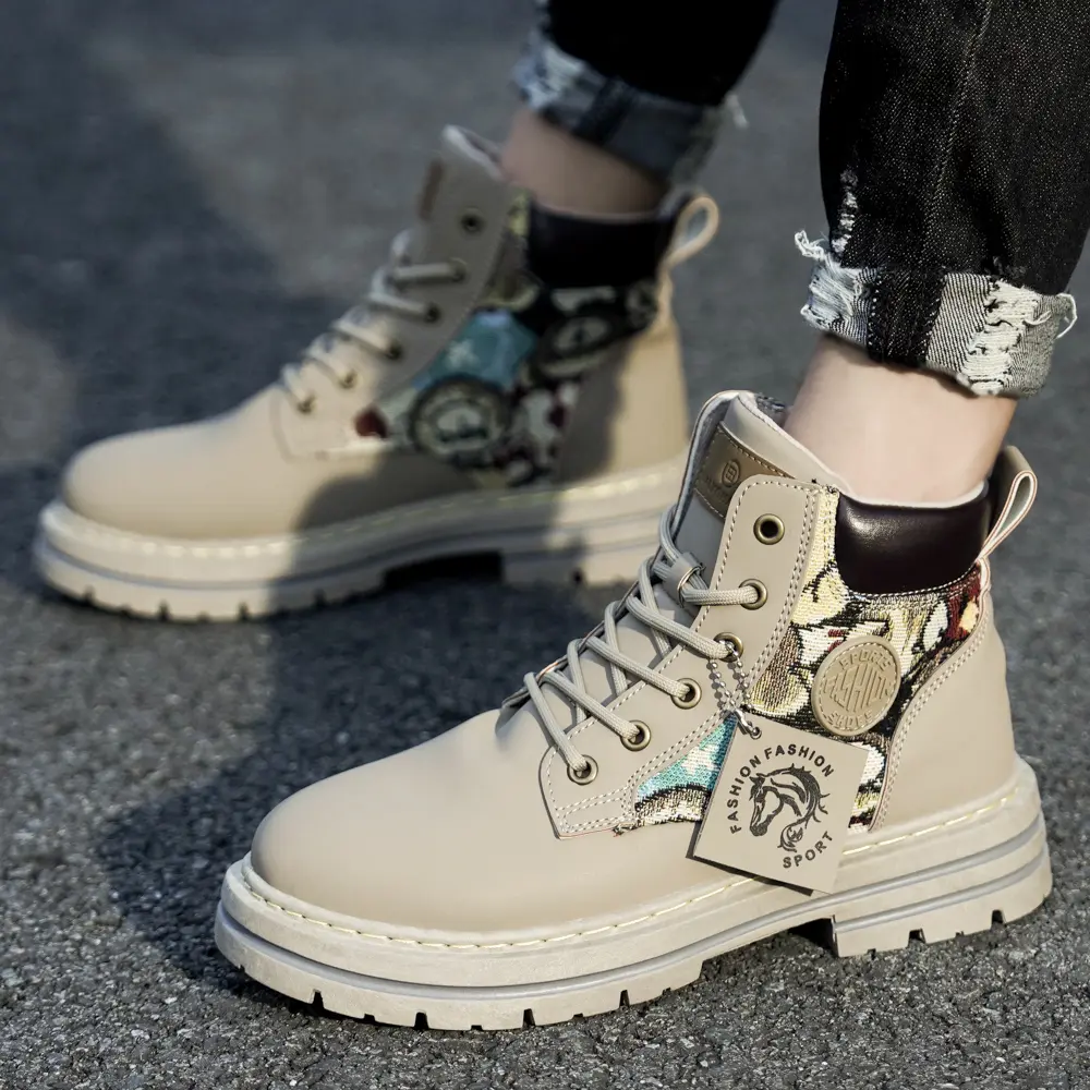 High Top Boots Men's Leather Shoes Fashion Outdoor Ankle Boots for Men Lace-Up Comfortable Male Boots Non Slip Flat Boot Botas