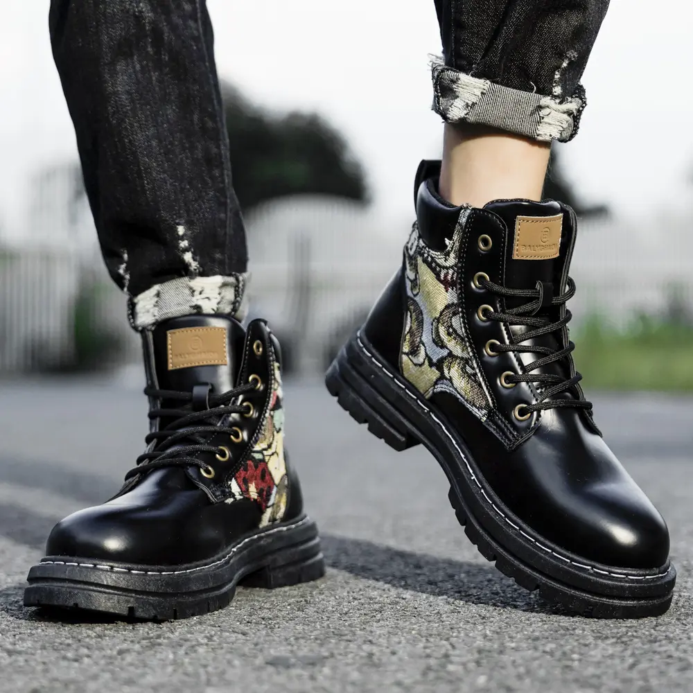 High Top Boots Men's Leather Shoes Fashion Outdoor Ankle Boots for Men Lace-Up Comfortable Male Boots Non Slip Flat Boot Botas