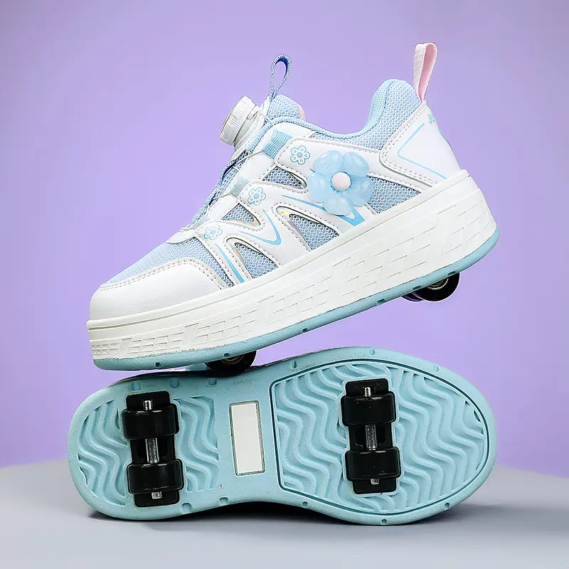Children's Walking Shoes Girls 2025 New Rotary Buckle Flash Light Boy Student Four Wheel Roller Shoes Can Walk and Slide
