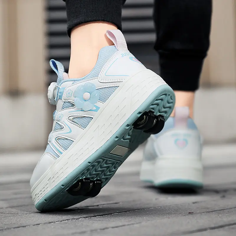 Children's Walking Shoes Girls 2025 New Rotary Buckle Flash Light Boy Student Four Wheel Roller Shoes Can Walk and Slide