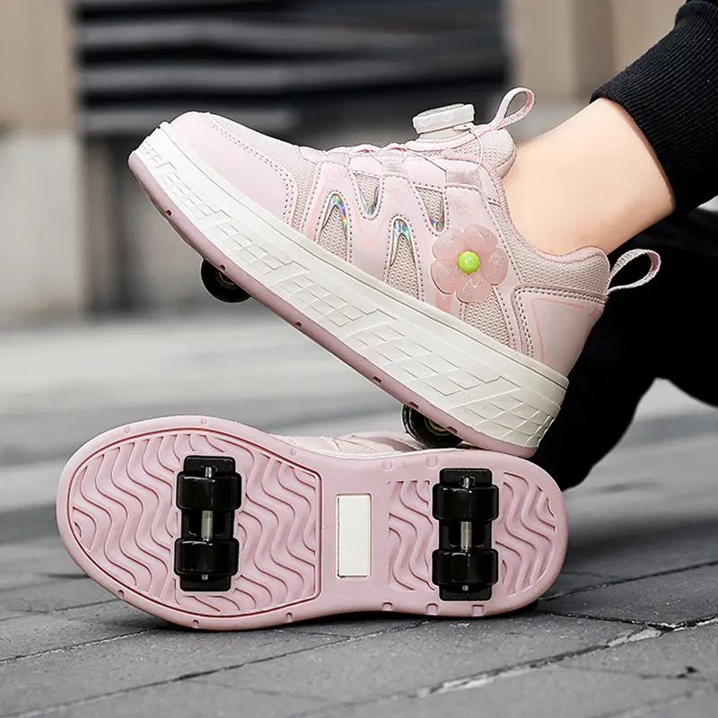 Children's Walking Shoes Girls 2025 New Rotary Buckle Flash Light Boy Student Four Wheel Roller Shoes Can Walk and Slide