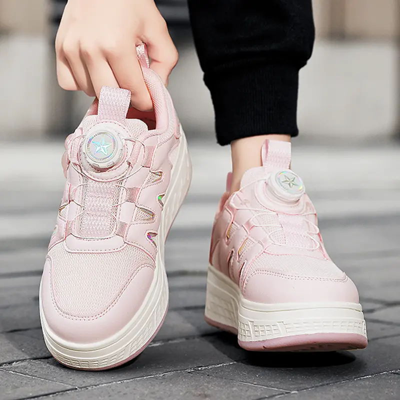 Children's Walking Shoes Girls 2025 New Rotary Buckle Flash Light Boy Student Four Wheel Roller Shoes Can Walk and Slide