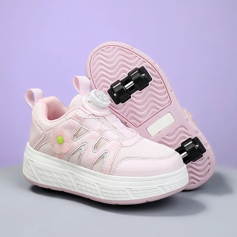 Children's Walking Shoes Girls 2025 New Rotary Buckle Flash Light Boy Student Four Wheel Roller Shoes Can Walk and Slide