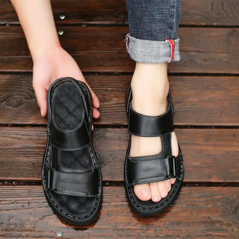 New Summer Design Dad Soft Sole Outer Wear Beach Sandals Rubber Outsole Men's Casual Trendy Genuine Leather Slippers 2025