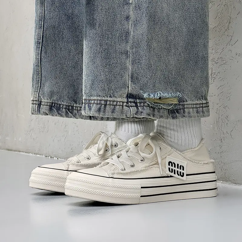 New Casual Height Increasing Platform Canvas Shoes Men Summer Outer White Sneakers Slipper Slip on Sandals Vulcanize Shoes