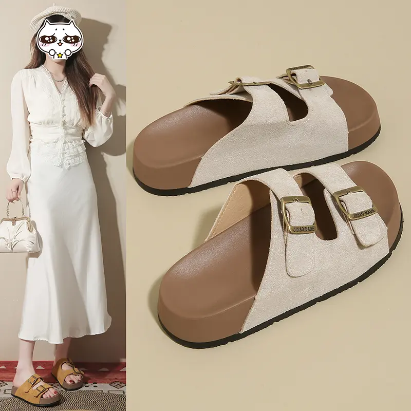 Unisex Couple Buckle Sandals Soft Wood Bottom Thick Heel Outdoor Beach Slippers Summer Cowhide Reverse Velvet Slip-On Shoes
