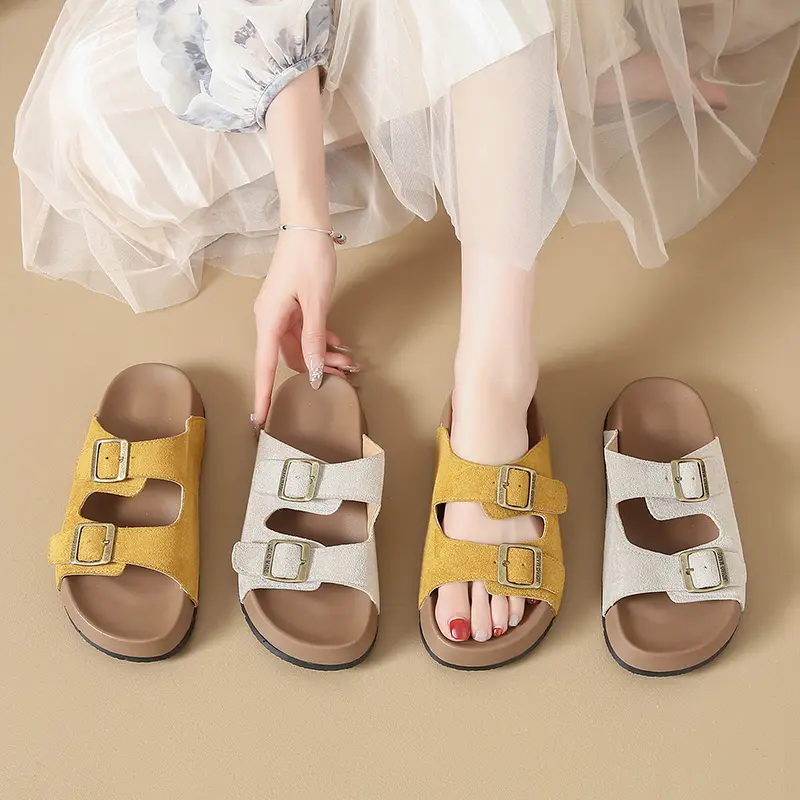 Unisex Couple Buckle Sandals Soft Wood Bottom Thick Heel Outdoor Beach Slippers Summer Cowhide Reverse Velvet Slip-On Shoes