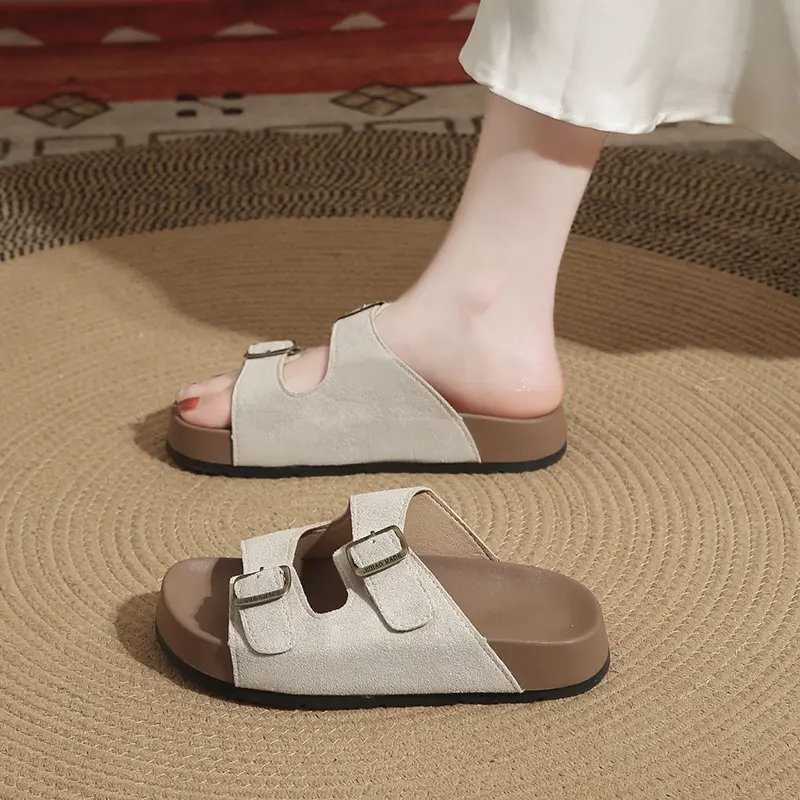 Unisex Couple Buckle Sandals Soft Wood Bottom Thick Heel Outdoor Beach Slippers Summer Cowhide Reverse Velvet Slip-On Shoes