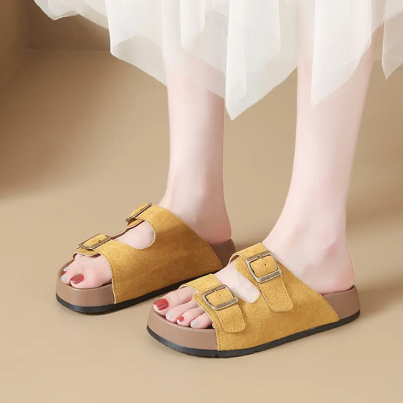 Unisex Couple Buckle Sandals Soft Wood Bottom Thick Heel Outdoor Beach Slippers Summer Cowhide Reverse Velvet Slip-On Shoes