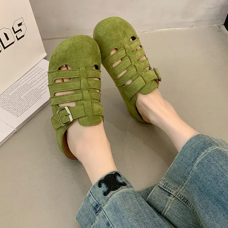 Women's Flat Bottom Sandals Summer Fashion Woven Hollow Breathable Buckle Casual Slip-On Shoes Comfortable Rubber Sole