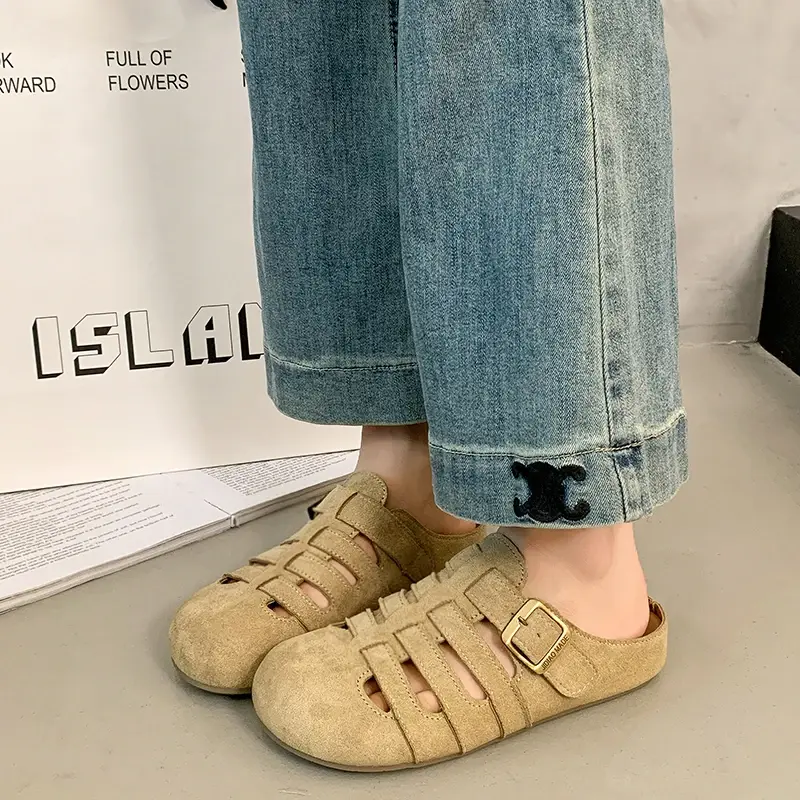 Women's Flat Bottom Sandals Summer Fashion Woven Hollow Breathable Buckle Casual Slip-On Shoes Comfortable Rubber Sole