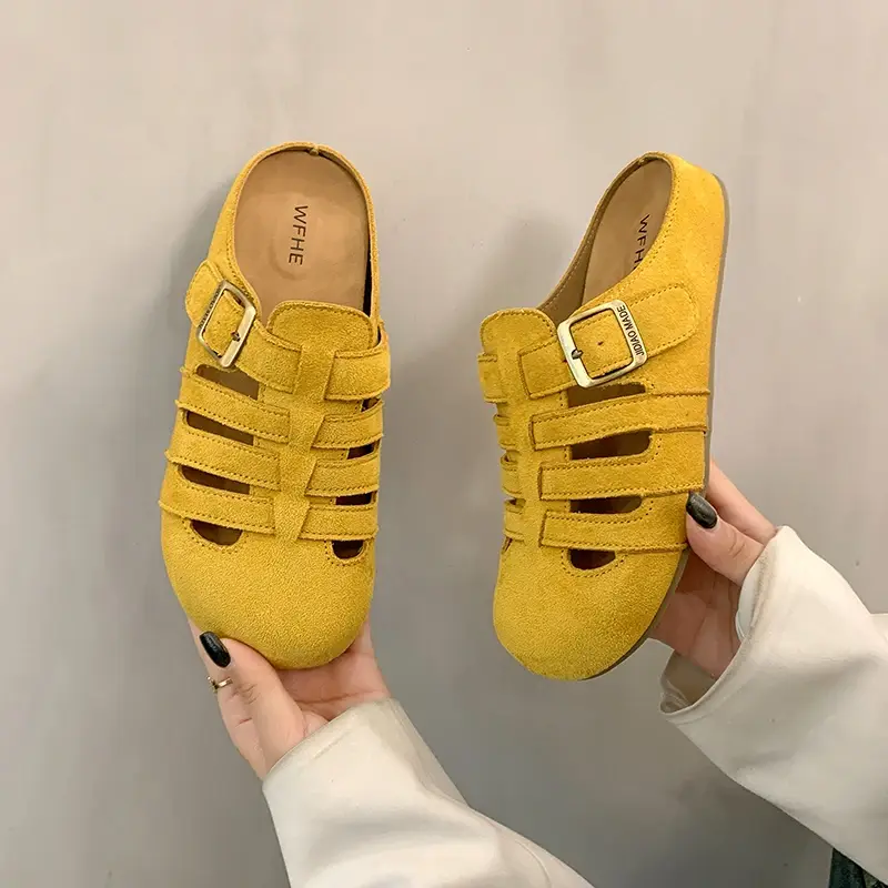 Women's Flat Bottom Sandals Summer Fashion Woven Hollow Breathable Buckle Casual Slip-On Shoes Comfortable Rubber Sole