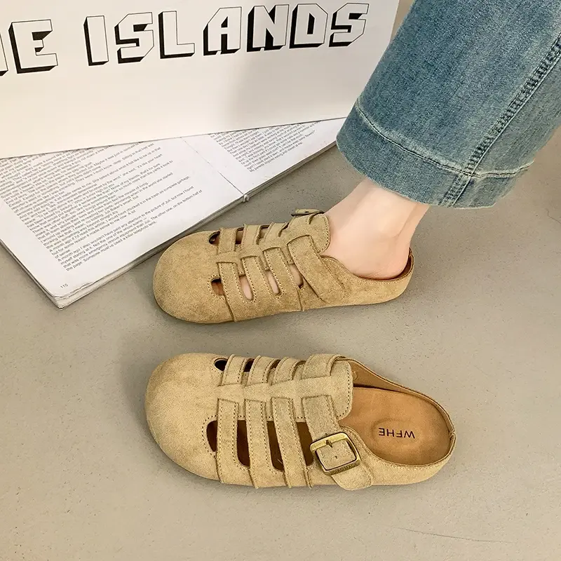 Women's Flat Bottom Sandals Summer Fashion Woven Hollow Breathable Buckle Casual Slip-On Shoes Comfortable Rubber Sole