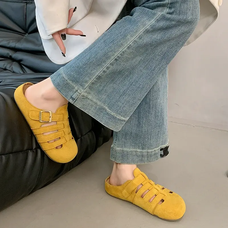 Women's Flat Bottom Sandals Summer Fashion Woven Hollow Breathable Buckle Casual Slip-On Shoes Comfortable Rubber Sole