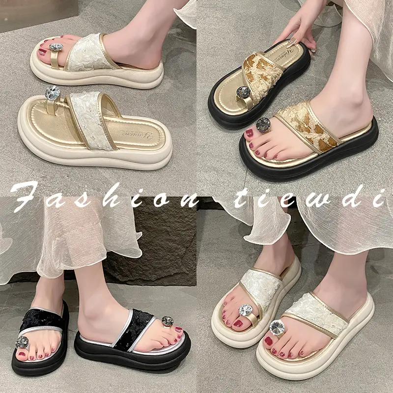 Women's Summer New Casual Comfortable Platform Thi Bot Sandals Slip-On Beach Slippers Diamond Rhinestone Flat Sandals 2025