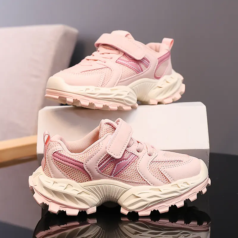 Boys Casual Shoes Pink Leather Flat Student Walking Shoes Non-slip Girl Lightweight Sports Tennis Footwear Children Sneaker