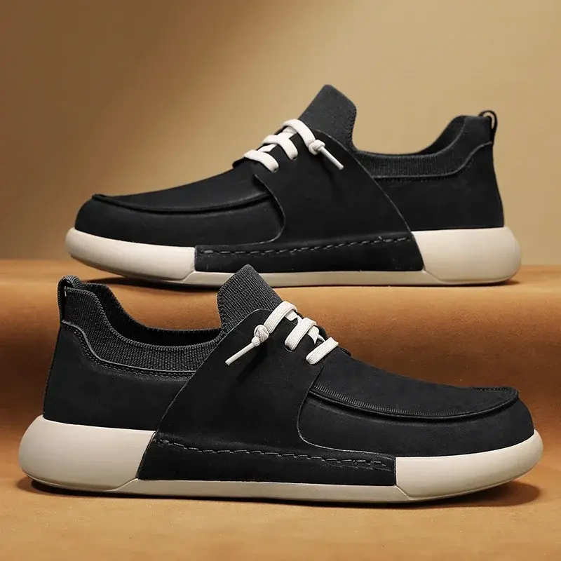 Men 2025 New Lace-up Thick Sole Casual Sneakers Versatile Leather Muffin Shoes Elevated Male Board Footwear Leather Casual Shoes
