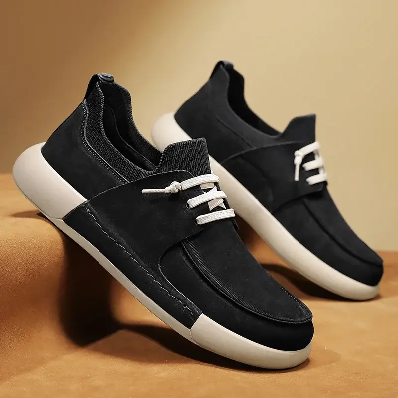 Men 2025 New Lace-up Thick Sole Casual Sneakers Versatile Leather Muffin Shoes Elevated Male Board Footwear Leather Casual Shoes