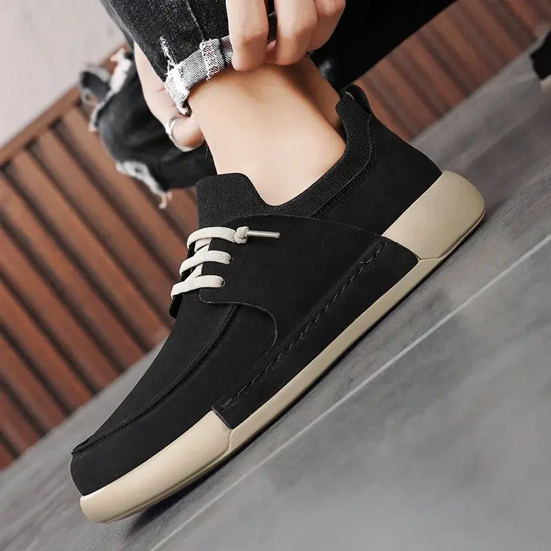 Men 2025 New Lace-up Thick Sole Casual Sneakers Versatile Leather Muffin Shoes Elevated Male Board Footwear Leather Casual Shoes