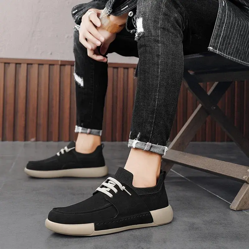 Men 2025 New Lace-up Thick Sole Casual Sneakers Versatile Leather Muffin Shoes Elevated Male Board Footwear Leather Casual Shoes