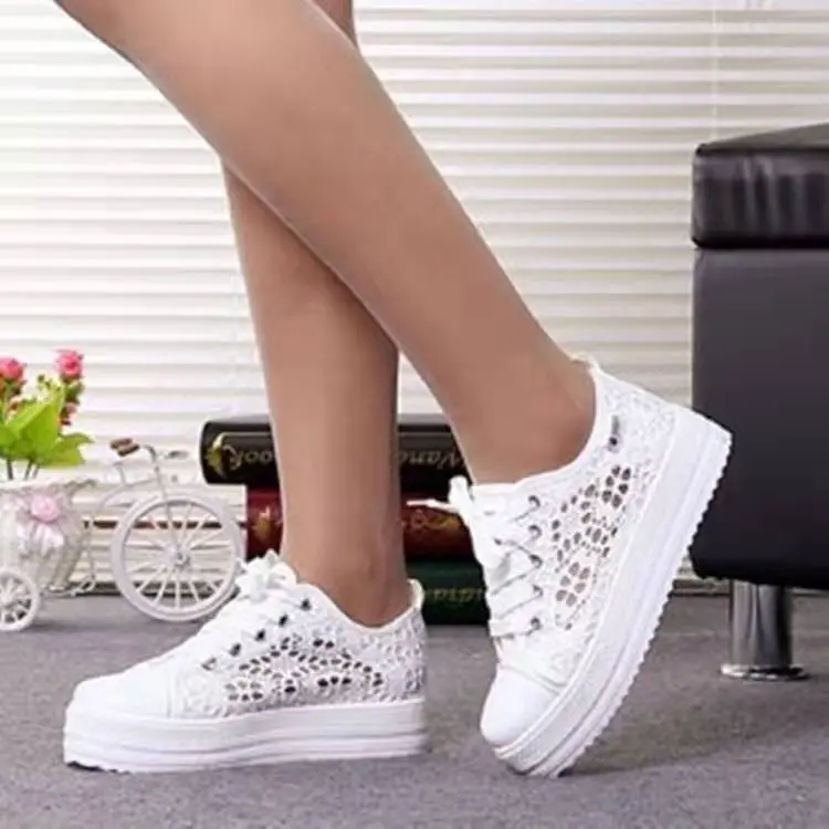 Women Shoes 2022 Fashion Summer Casual White Shoes Cutouts Lace Canvas Hollow Breathable Platform Flat Shoes Woman Sneakers