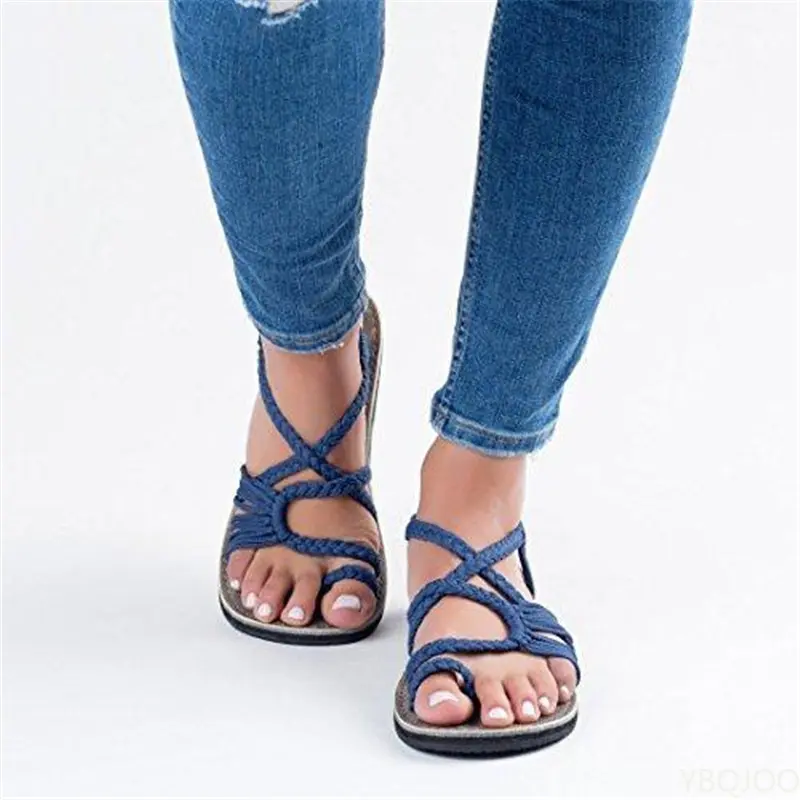 Large size rope knot sandals summer flip flops casual women's shoes Rome flat sandals thin strap beach comfortable sandals women