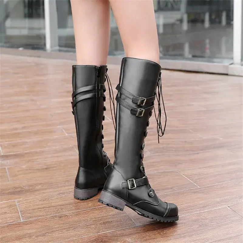 Boots Rome Style Lace Up Knee High Boots Platform Winter Female Shoes Plus Size 35-43 Solid Botas Mujer fgb789