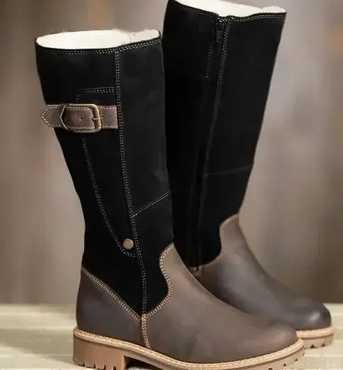 Warm Ladies Snow Boots High Boots Leather hot Boots Winter Flats  Plus Size  fur 563