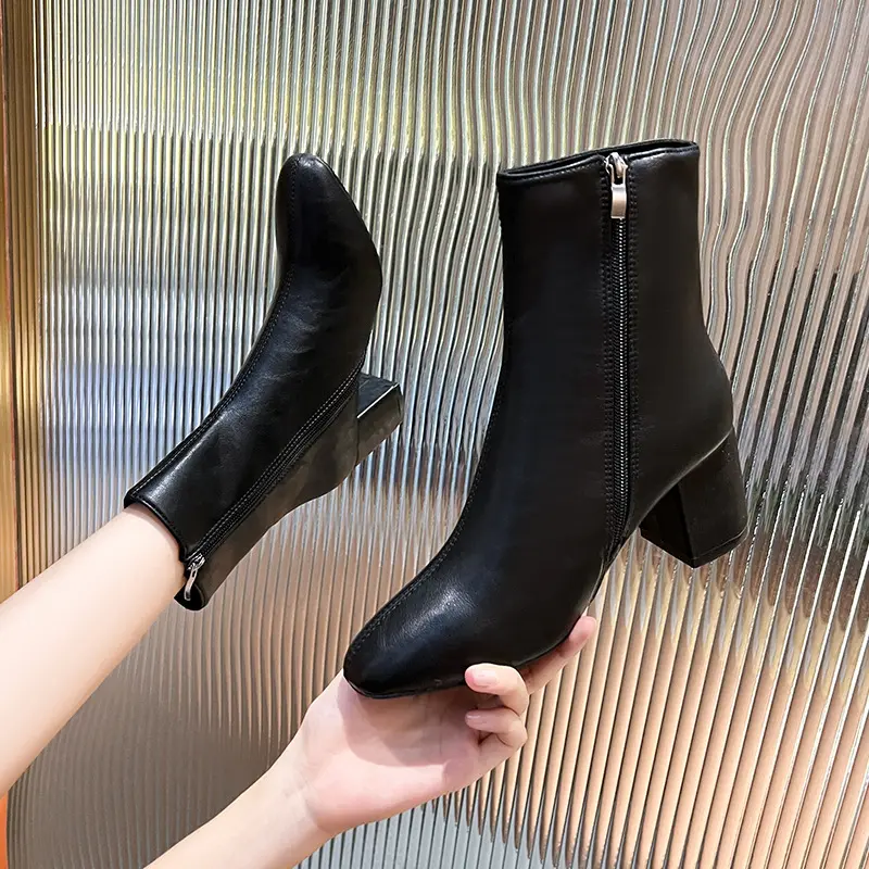 2025Women's new short boots, white boots with simple and sexy side zipper, thick heels, high-heeled short boots and bare boots