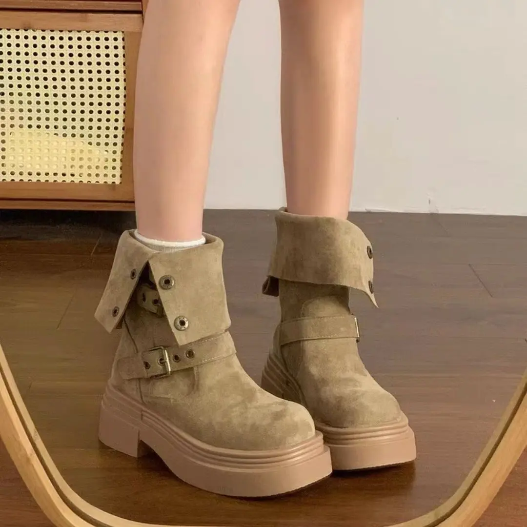 Women's Long Boots Fashion Platform Height Increasing Outdoor Knight Boots  Spring Autumn New Retro Belt Buckle Women Shoes