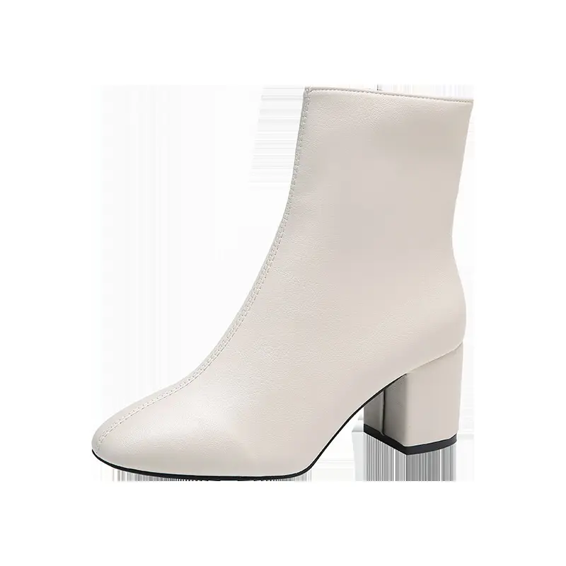 2025Women's new short boots, white boots with simple and sexy side zipper, thick heels, high-heeled short boots and bare boots