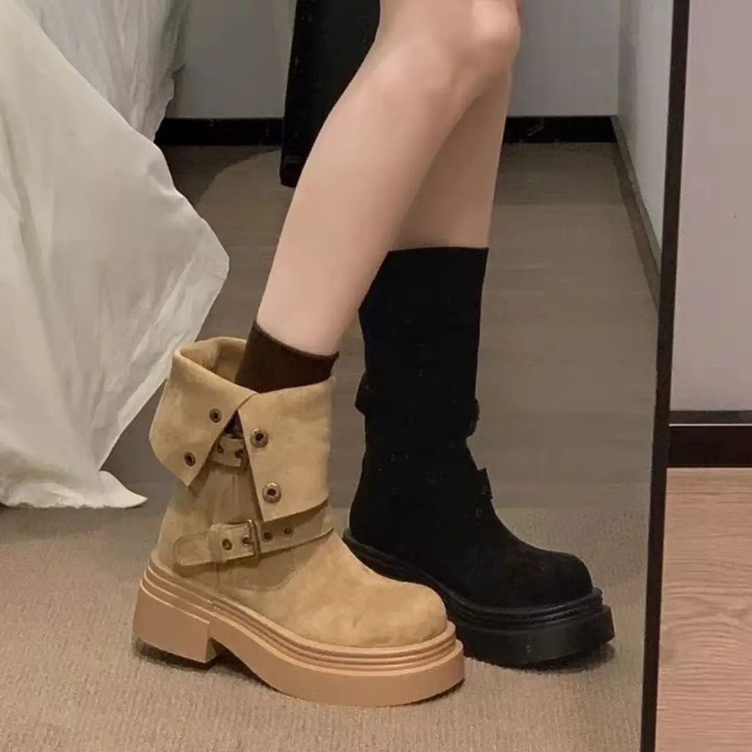 Women's Long Boots Fashion Platform Height Increasing Outdoor Knight Boots  Spring Autumn New Retro Belt Buckle Women Shoes