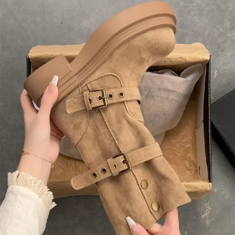 Women's Long Boots Fashion Platform Height Increasing Outdoor Knight Boots  Spring Autumn New Retro Belt Buckle Women Shoes
