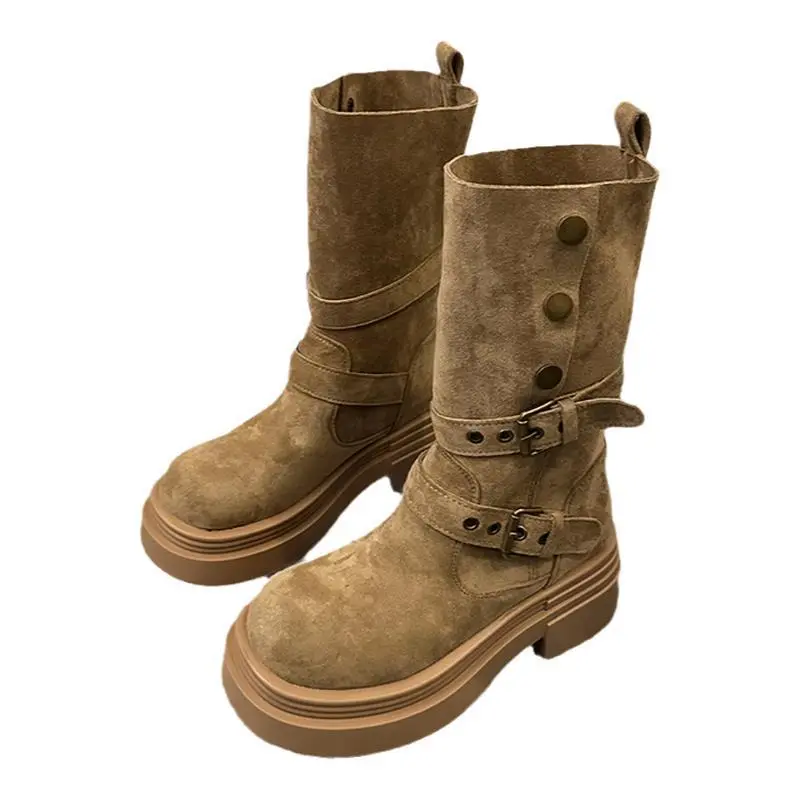 Women's Long Boots Fashion Platform Height Increasing Outdoor Knight Boots  Spring Autumn New Retro Belt Buckle Women Shoes
