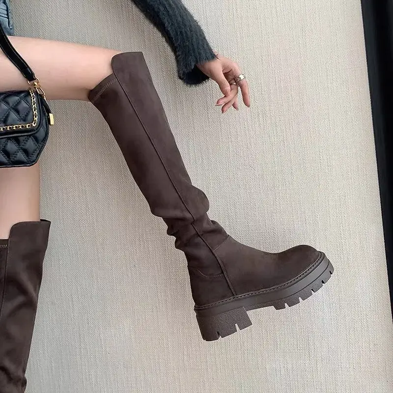 Fashion Platform Knee High Boots for Women Autumn Winter Fashion Slip on Leather Boots Woman Elastic Thick Soled Over Knee Botas