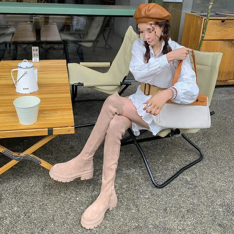 Fashion Platform Knee High Boots for Women Autumn Winter Fashion Slip on Leather Boots Woman Elastic Thick Soled Over Knee Botas