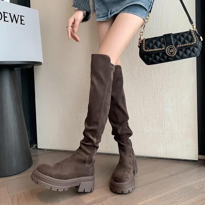 Fashion Platform Knee High Boots for Women Autumn Winter Fashion Slip on Leather Boots Woman Elastic Thick Soled Over Knee Botas