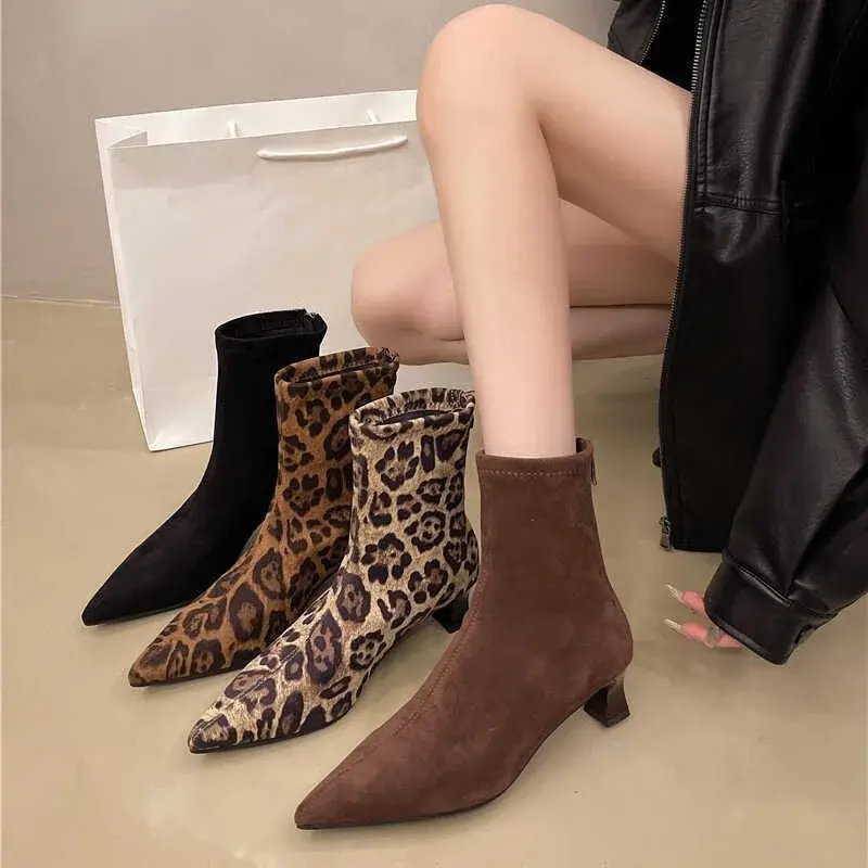 2025Fashion Designer Leopard Print Women Ankle Boots Sexy Pointed Toe Short Booties Plus Size Woman High Heels Shoes De Mujer