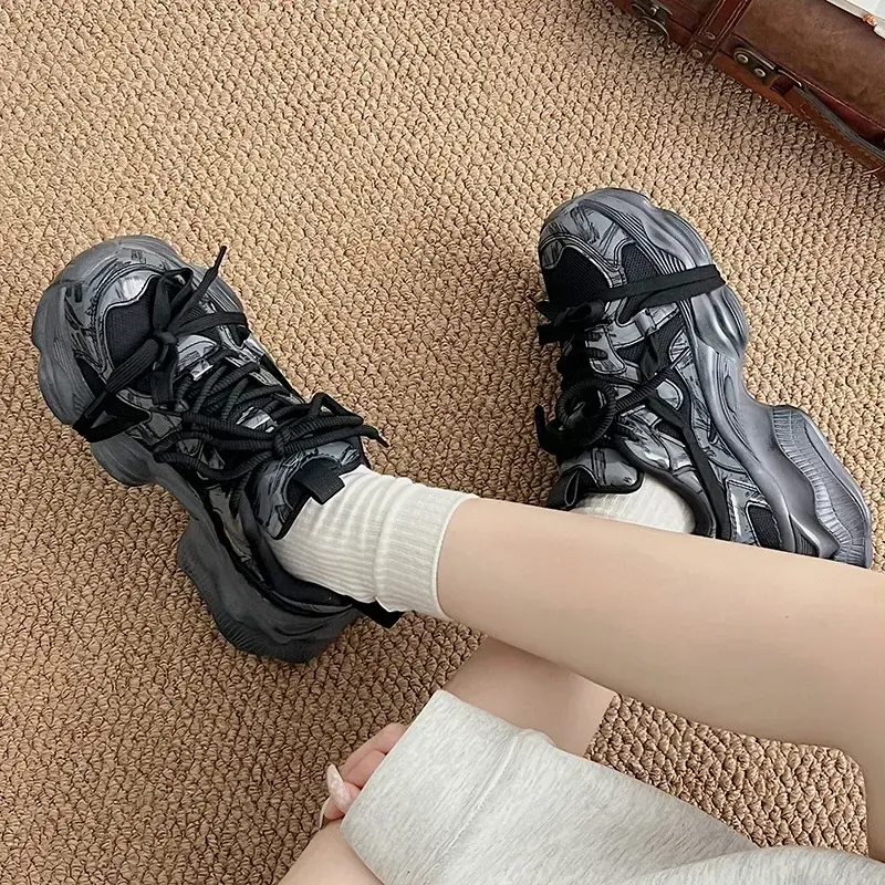 Men/woman Sneakers Black Shoes Graffiti Thick Sole Height Increasing Couple's Trendy Casual Shoes Lace Up Anti Slip Sports Shoes