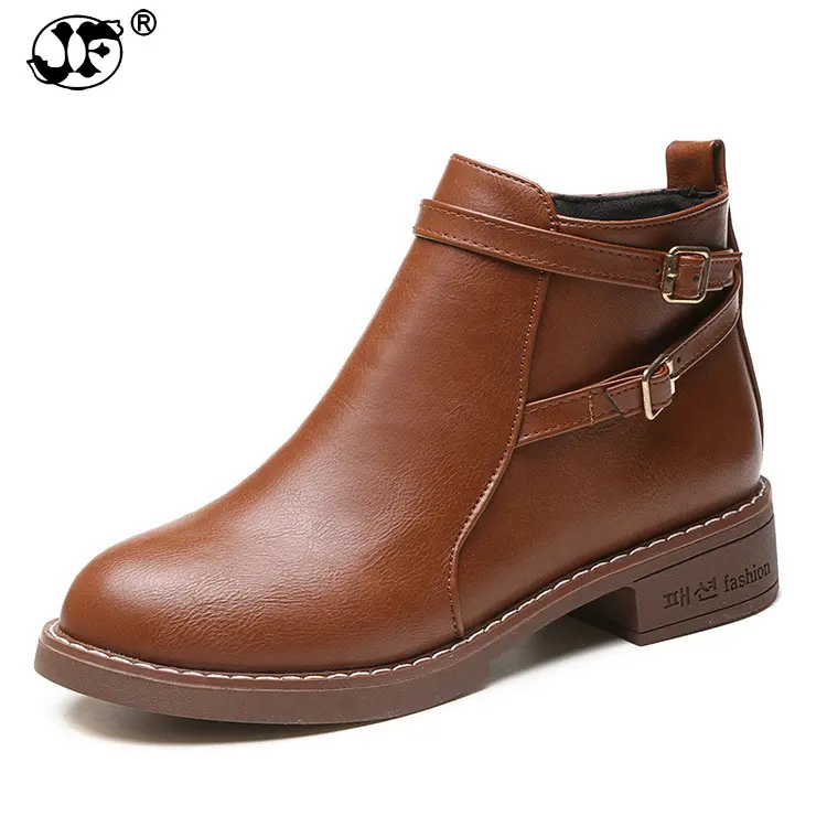 New Fashion European Style Black Ankle Boots Flats Round Toe Back Zip  Boots PU Leather Woman Shoes With fhu