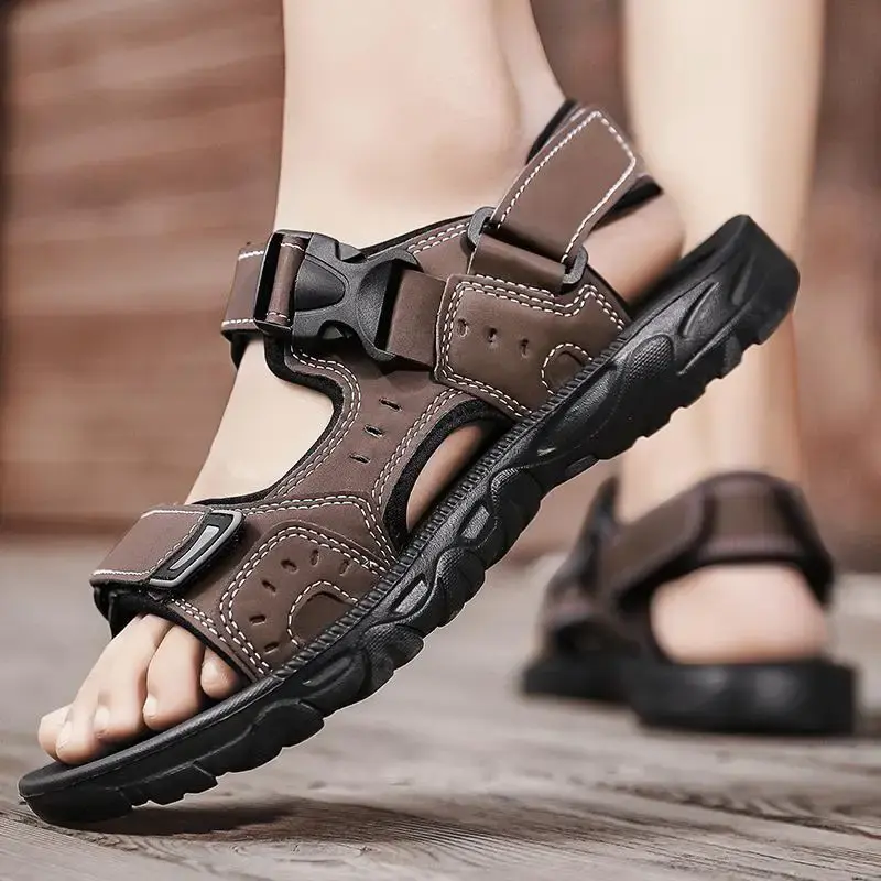 2025Men's Genuine Leather Sandals Outdoor Roman Sandals Beach Anti slip Casual Lightweight Open Toe Boys' Sports Sandals