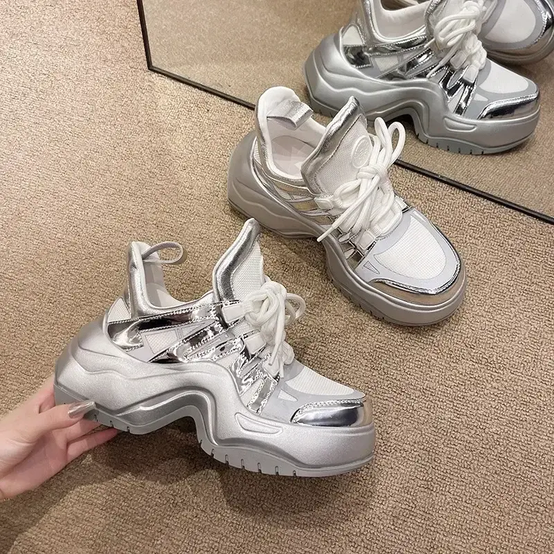 Chunky Sneakers for Women  Spring Autumn New Thick Bottom Vulcanized Shoes Woman Mesh Breathable Lace Up Platform Sneakers2024