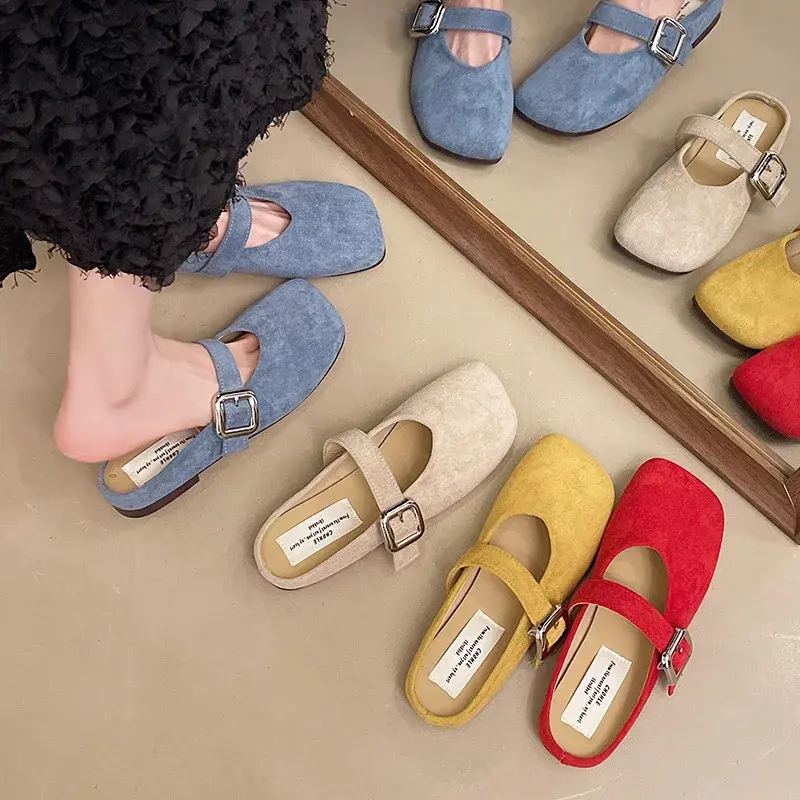 2025 Spring Retro Single Shoes Comfortable Rubber Bottom Ladies Sandals Wider Toe Box Ballerina Slippers Style