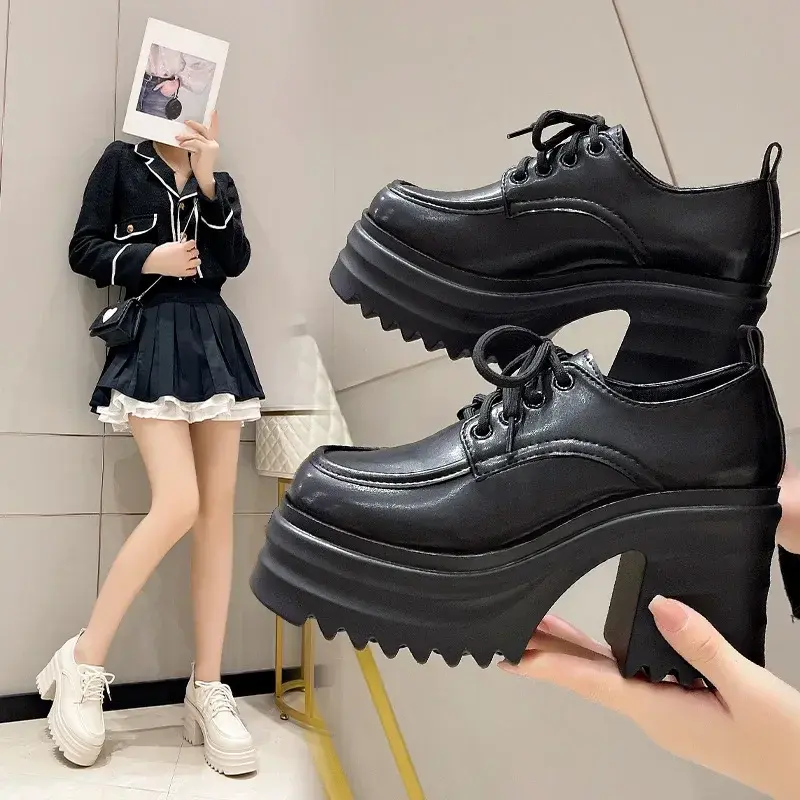Gothic Chunky High Heels Loafers for Woman New Leather Platform Loafers Female Solid Color Thick Heeled Lolita Shoes 2024