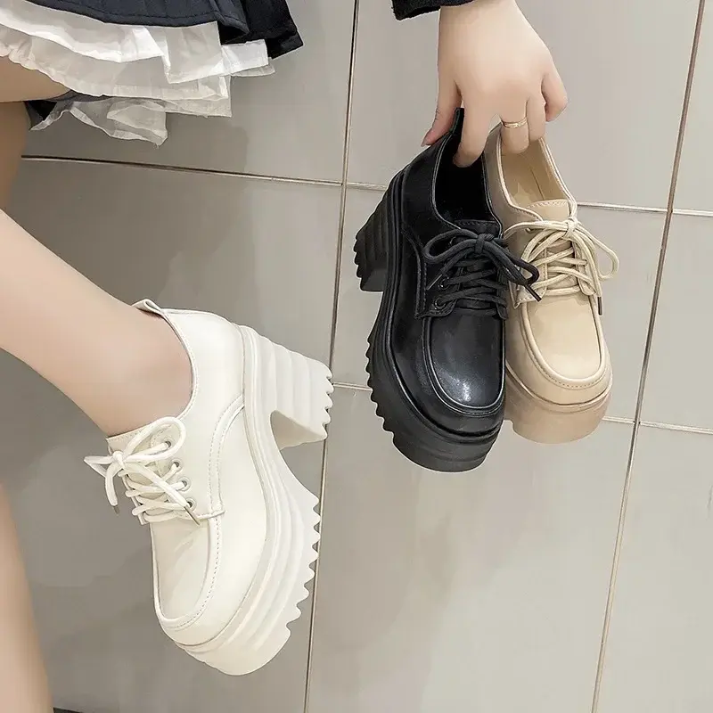 Gothic Chunky High Heels Loafers for Woman New Leather Platform Loafers Female Solid Color Thick Heeled Lolita Shoes 2024