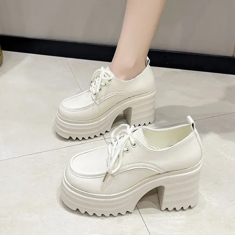 Gothic Chunky High Heels Loafers for Woman New Leather Platform Loafers Female Solid Color Thick Heeled Lolita Shoes 2024