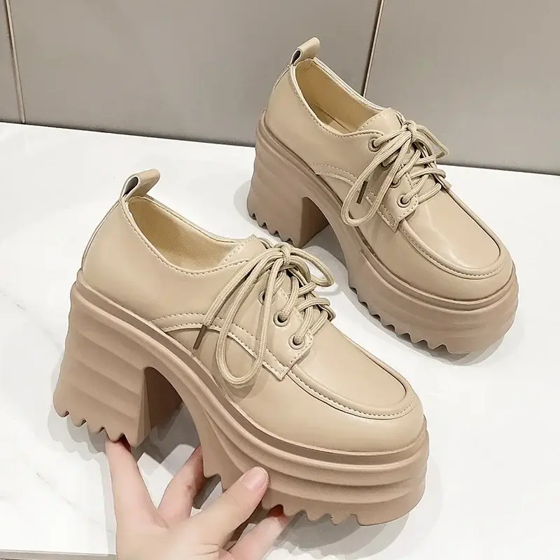 Gothic Chunky High Heels Loafers for Woman New Leather Platform Loafers Female Solid Color Thick Heeled Lolita Shoes 2024