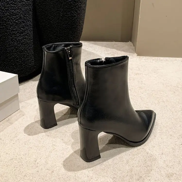 Black Winter Zipper Warm Plush Ankle Boots Women 8.5cm Square Heel Zip Lady Footwear Shoes Super Big Size