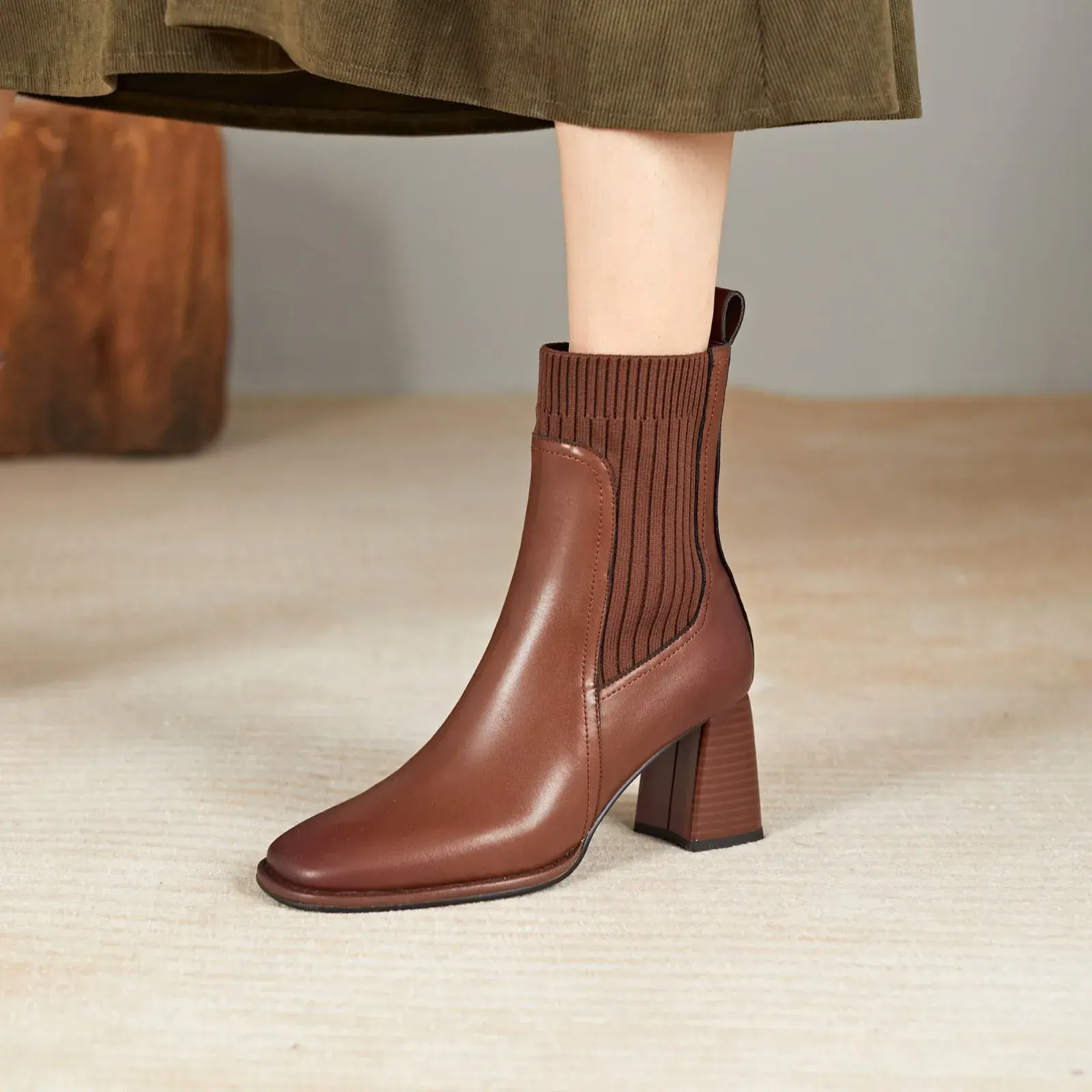 Fashiong French Retro Square Toe Women Shoes High Heeled Knitted Short Boots Temperament Thick Heeled Socks Boots 2025