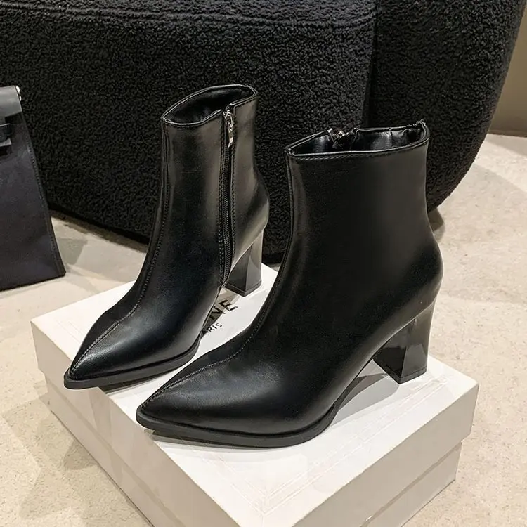 Black Winter Zipper Warm Plush Ankle Boots Women 8.5cm Square Heel Zip Lady Footwear Shoes Super Big Size